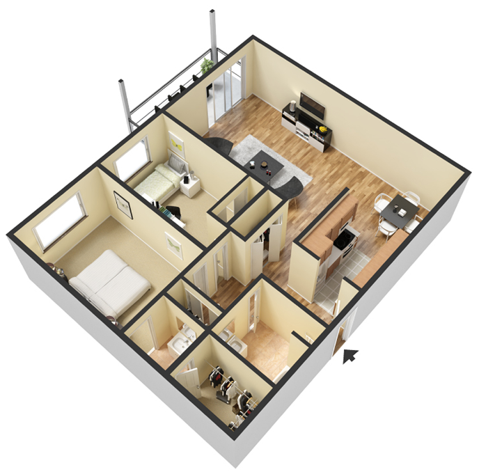 Floor plan for 2 beds, 1 bath, 1018 sqft